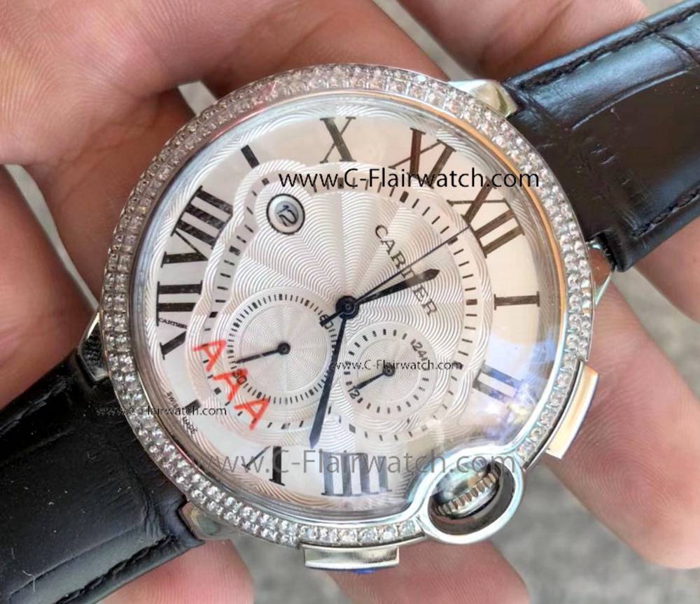 Fake Cartier Chronograph Mens Watch SS Diamond Case Leather Band